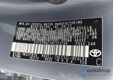 2022 Toyota Corolla Le from USA, damaged, VIN 5YFEPMAE1NP333789